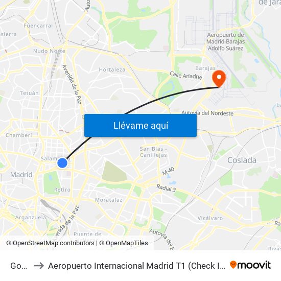 Goya to Aeropuerto Internacional Madrid T1 (Check In) map