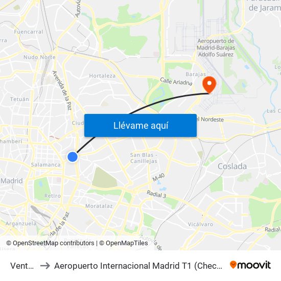 Ventas to Aeropuerto Internacional Madrid T1 (Check In) map