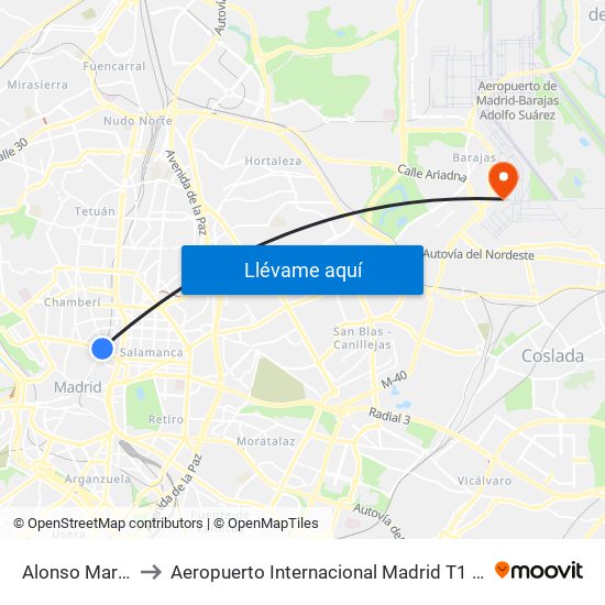 Alonso Martínez to Aeropuerto Internacional Madrid T1 (Check In) map