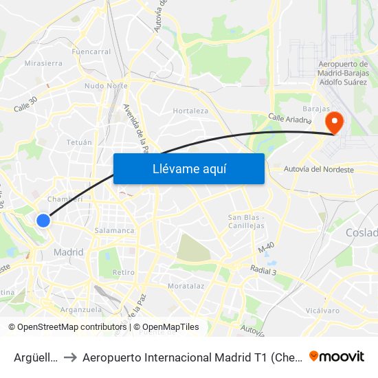 Argüelles to Aeropuerto Internacional Madrid T1 (Check In) map
