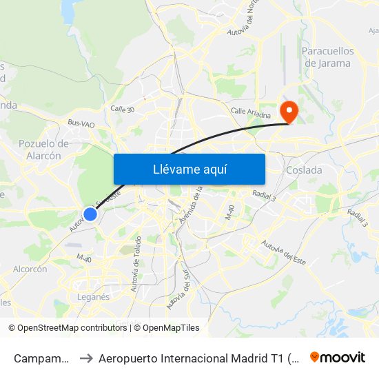 Campamento to Aeropuerto Internacional Madrid T1 (Check In) map