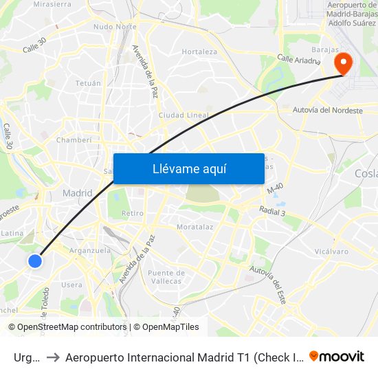 Urgel to Aeropuerto Internacional Madrid T1 (Check In) map