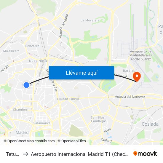 Tetuán to Aeropuerto Internacional Madrid T1 (Check In) map