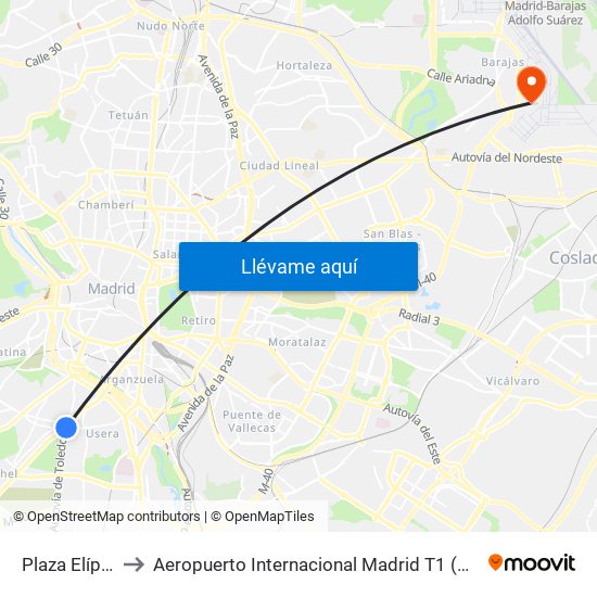 Plaza Elíptica to Aeropuerto Internacional Madrid T1 (Check In) map