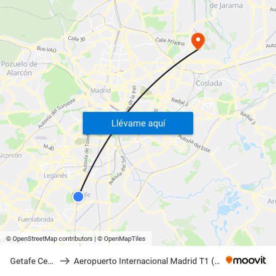 Getafe Central to Aeropuerto Internacional Madrid T1 (Check In) map