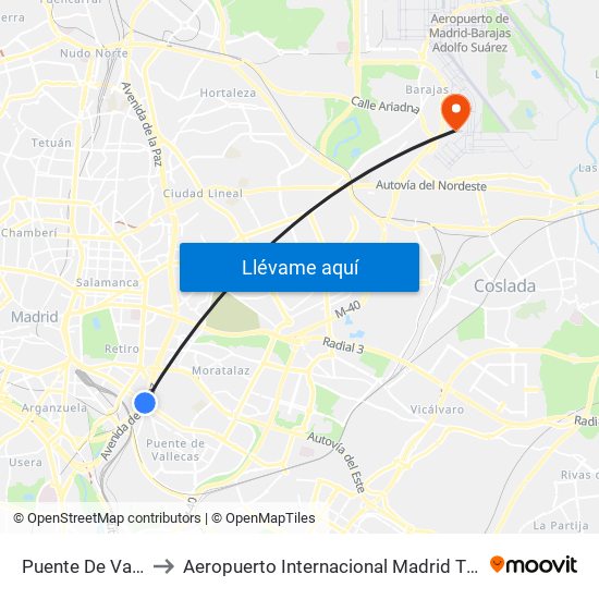 Puente De Vallecas to Aeropuerto Internacional Madrid T1 (Check In) map