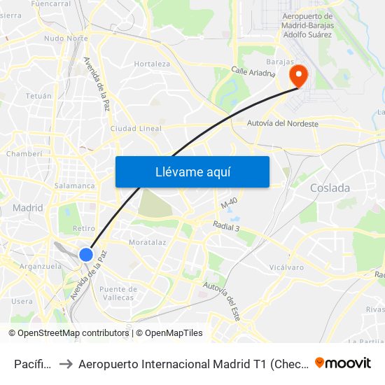 Pacífico to Aeropuerto Internacional Madrid T1 (Check In) map