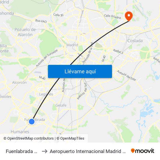 Fuenlabrada Central to Aeropuerto Internacional Madrid T1 (Check In) map