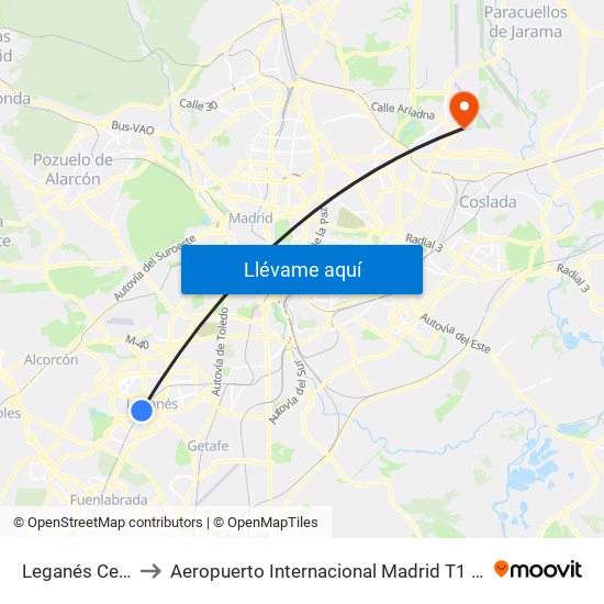 Leganés Central to Aeropuerto Internacional Madrid T1 (Check In) map