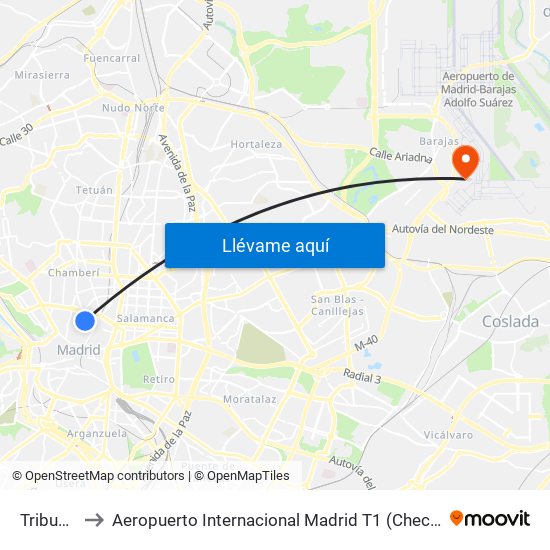 Tribunal to Aeropuerto Internacional Madrid T1 (Check In) map