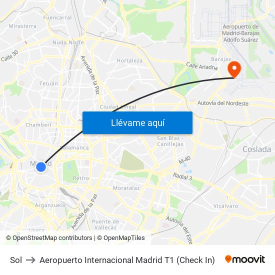 Sol to Aeropuerto Internacional Madrid T1 (Check In) map