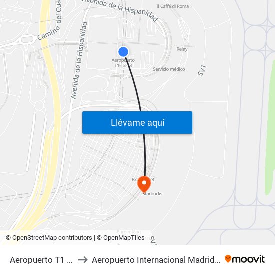 Aeropuerto T1 - T2 - T3 to Aeropuerto Internacional Madrid T1 (Check In) map