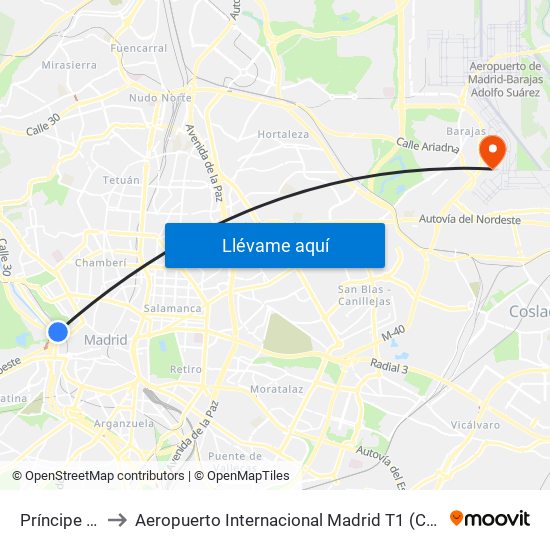 Príncipe Pío to Aeropuerto Internacional Madrid T1 (Check In) map