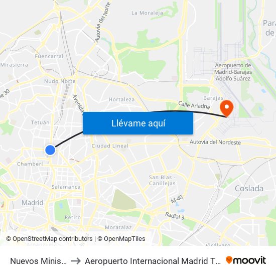 Nuevos Ministerios to Aeropuerto Internacional Madrid T1 (Check In) map