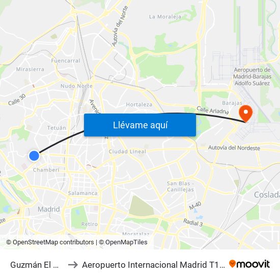 Guzmán El Bueno to Aeropuerto Internacional Madrid T1 (Check In) map