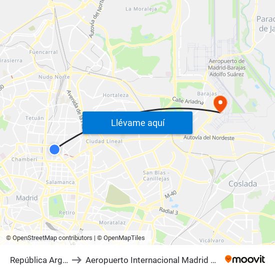 República Argentina to Aeropuerto Internacional Madrid T1 (Check In) map