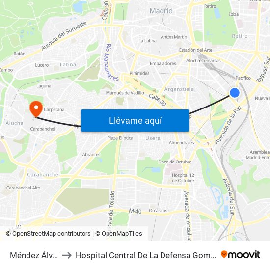 Méndez Álvaro to Hospital Central De La Defensa Gomez Ulla map