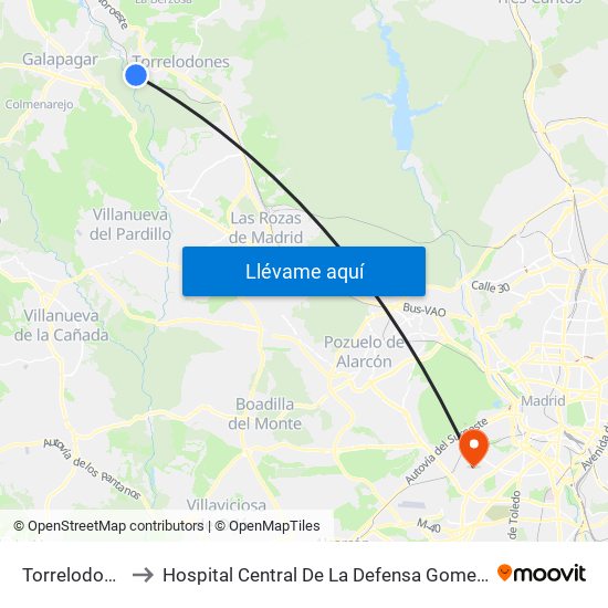 Torrelodones to Hospital Central De La Defensa Gomez Ulla map
