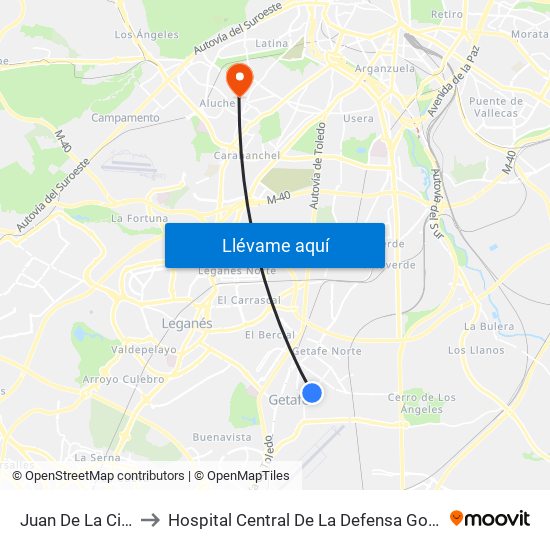 Juan De La Cierva to Hospital Central De La Defensa Gomez Ulla map
