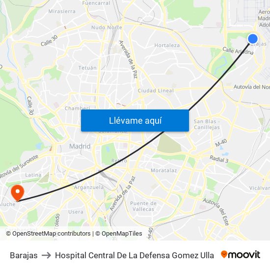 Barajas to Hospital Central De La Defensa Gomez Ulla map