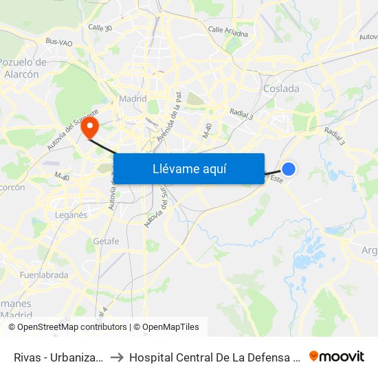 Rivas - Urbanizaciones to Hospital Central De La Defensa Gomez Ulla map