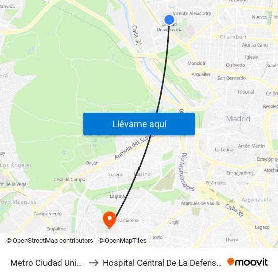 Metro Ciudad Universitaria to Hospital Central De La Defensa Gomez Ulla map