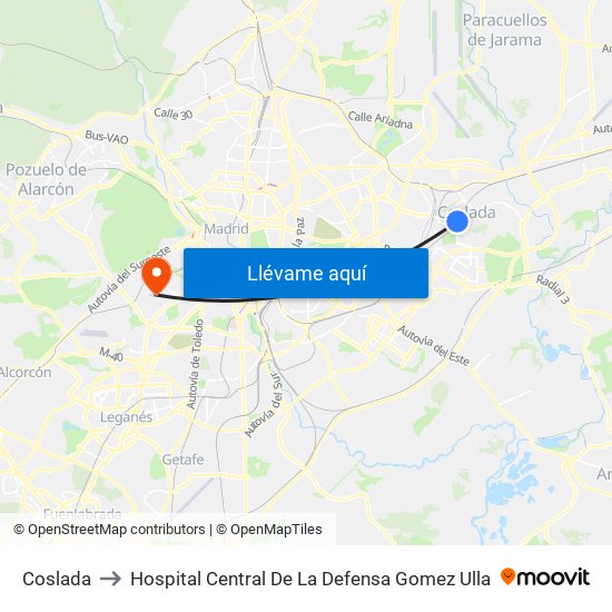 Coslada to Hospital Central De La Defensa Gomez Ulla map