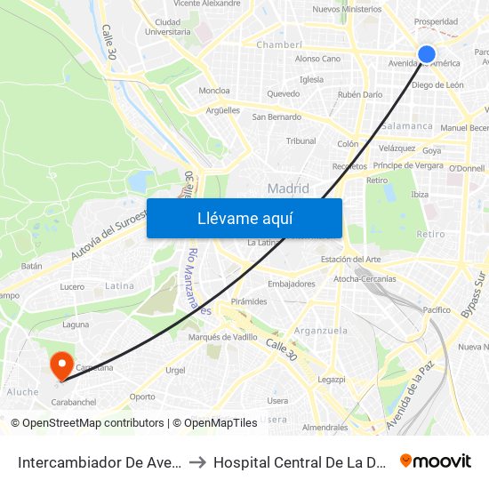 Intercambiador De Avenida De América to Hospital Central De La Defensa Gomez Ulla map