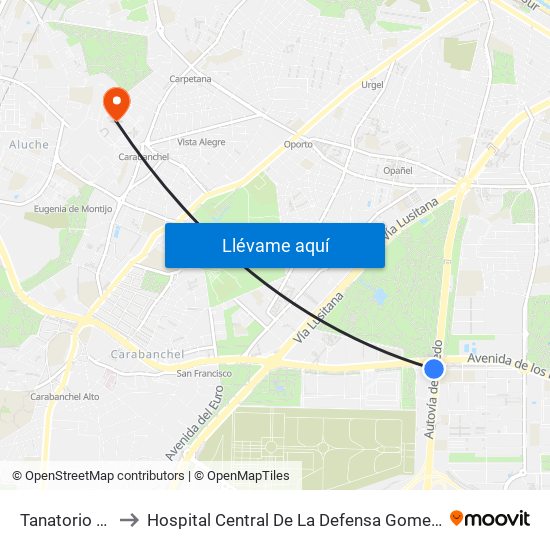 Tanatorio Sur to Hospital Central De La Defensa Gomez Ulla map