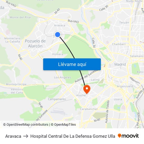 Aravaca to Hospital Central De La Defensa Gomez Ulla map