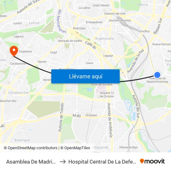 Asamblea De Madrid - Entrevías to Hospital Central De La Defensa Gomez Ulla map