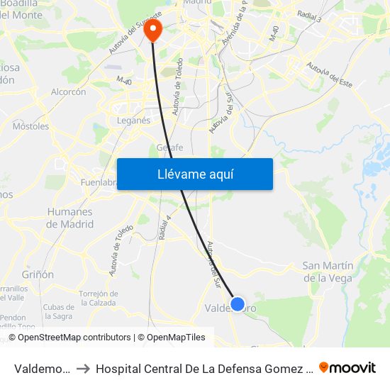 Valdemoro to Hospital Central De La Defensa Gomez Ulla map