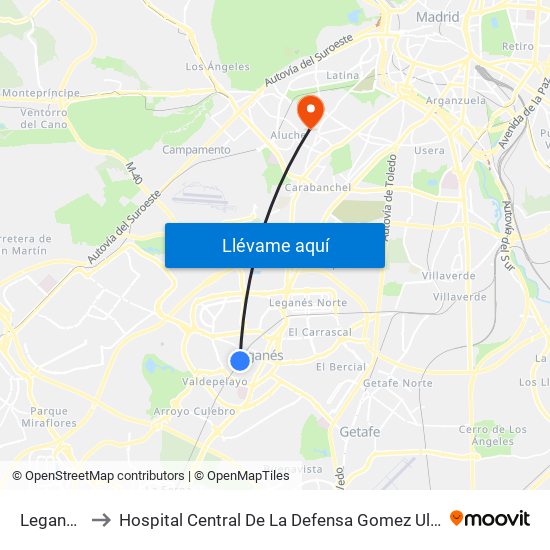 Leganés to Hospital Central De La Defensa Gomez Ulla map