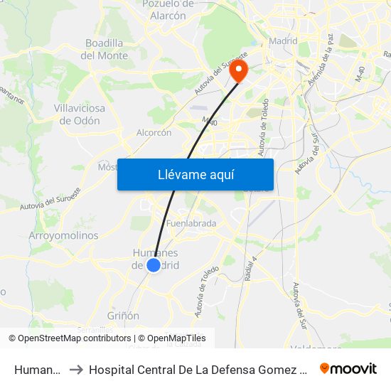 Humanes to Hospital Central De La Defensa Gomez Ulla map