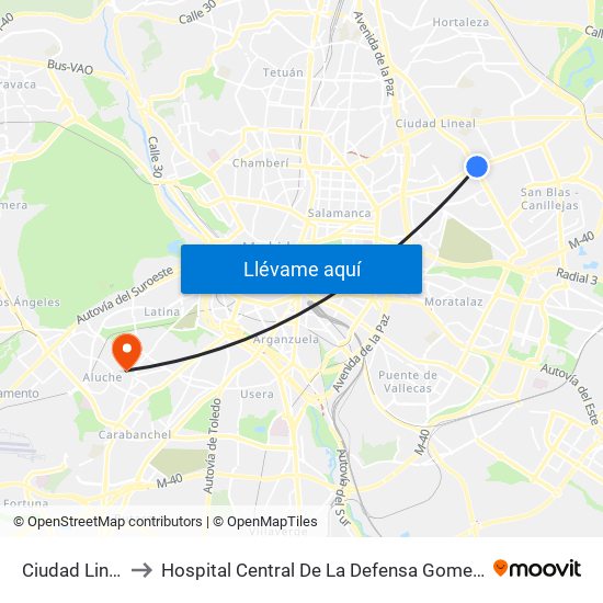 Ciudad Lineal to Hospital Central De La Defensa Gomez Ulla map