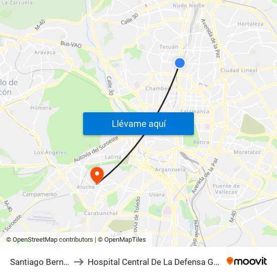 Santiago Bernabéu to Hospital Central De La Defensa Gomez Ulla map