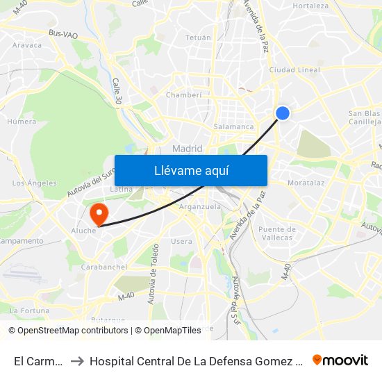 El Carmen to Hospital Central De La Defensa Gomez Ulla map