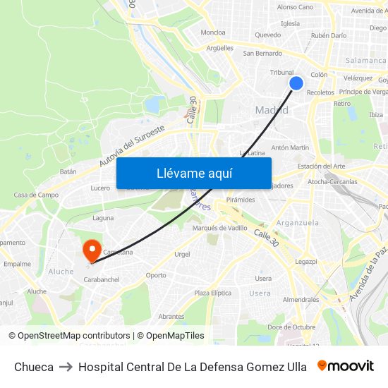 Chueca to Hospital Central De La Defensa Gomez Ulla map