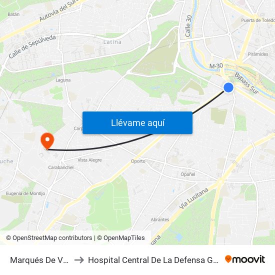 Marqués De Vadillo to Hospital Central De La Defensa Gomez Ulla map