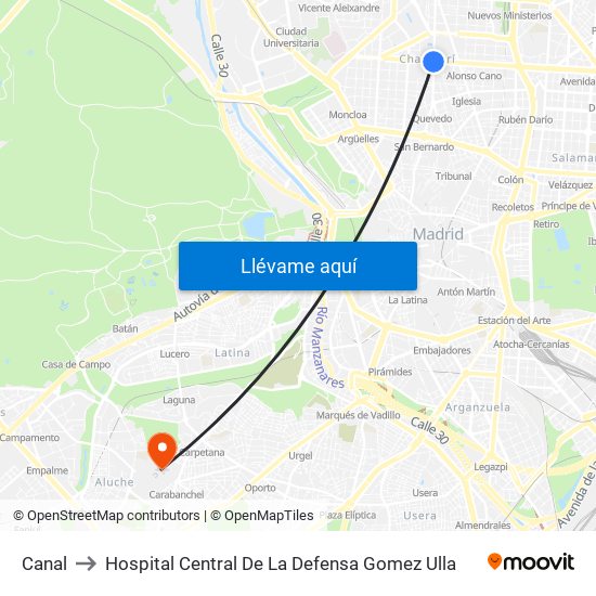 Canal to Hospital Central De La Defensa Gomez Ulla map
