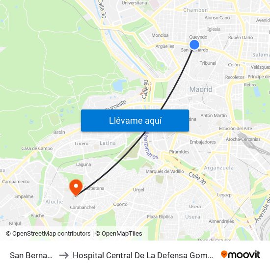 San Bernardo to Hospital Central De La Defensa Gomez Ulla map