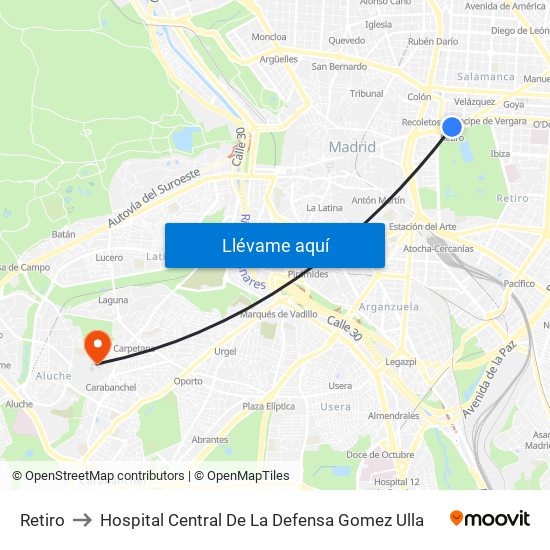 Retiro to Hospital Central De La Defensa Gomez Ulla map