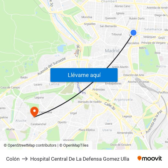 Colón to Hospital Central De La Defensa Gomez Ulla map