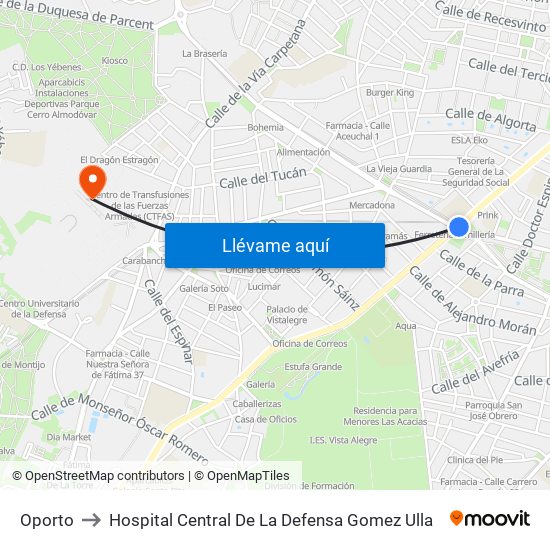 Oporto to Hospital Central De La Defensa Gomez Ulla map