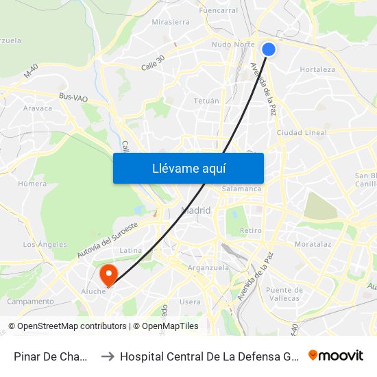 Pinar De Chamartín to Hospital Central De La Defensa Gomez Ulla map