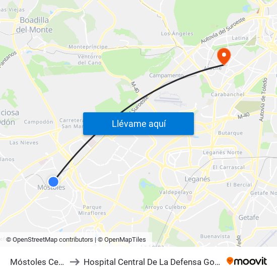 Móstoles Central to Hospital Central De La Defensa Gomez Ulla map