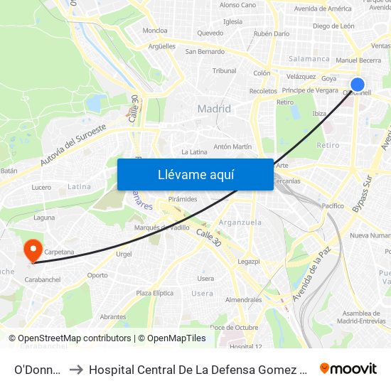 O'Donnell to Hospital Central De La Defensa Gomez Ulla map