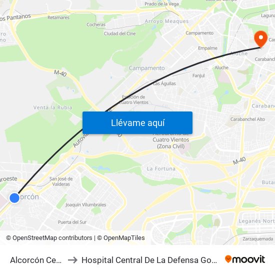 Alcorcón Central to Hospital Central De La Defensa Gomez Ulla map