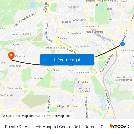 Puente De Vallecas to Hospital Central De La Defensa Gomez Ulla map