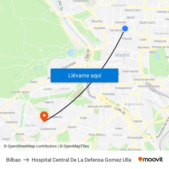 Bilbao to Hospital Central De La Defensa Gomez Ulla map